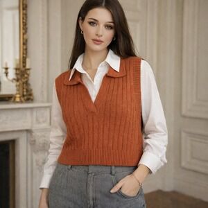 NO COMMENT NY LA Ribbed Knit Collared V Neck Sweater Vest Rust Orange Size L